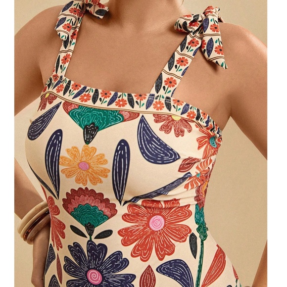 Plus Floral Print Shoulder Tie Multicolor One Piece Monokini Swimsuit - Picture 3 of 4